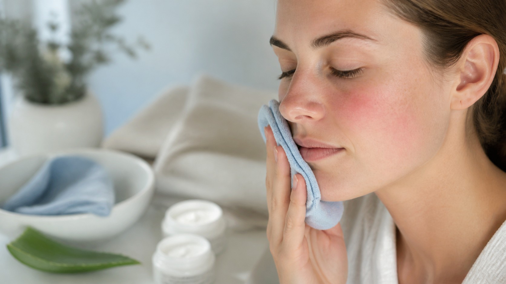 Person gently pressing a cool cloth to a mildly red cheek beside calming skincare on a vanity