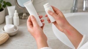 Hands comparing plain skincare products beside a mildly flushed wrist on a clean vanity