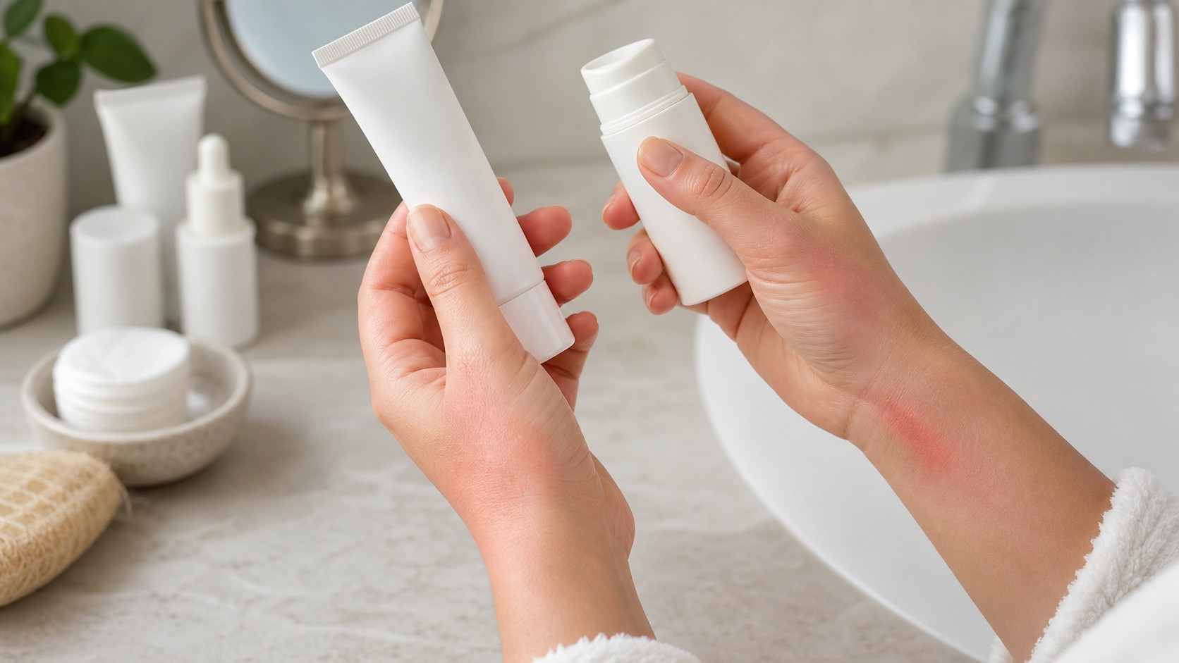 Hands comparing plain skincare products beside a mildly flushed wrist on a clean vanity