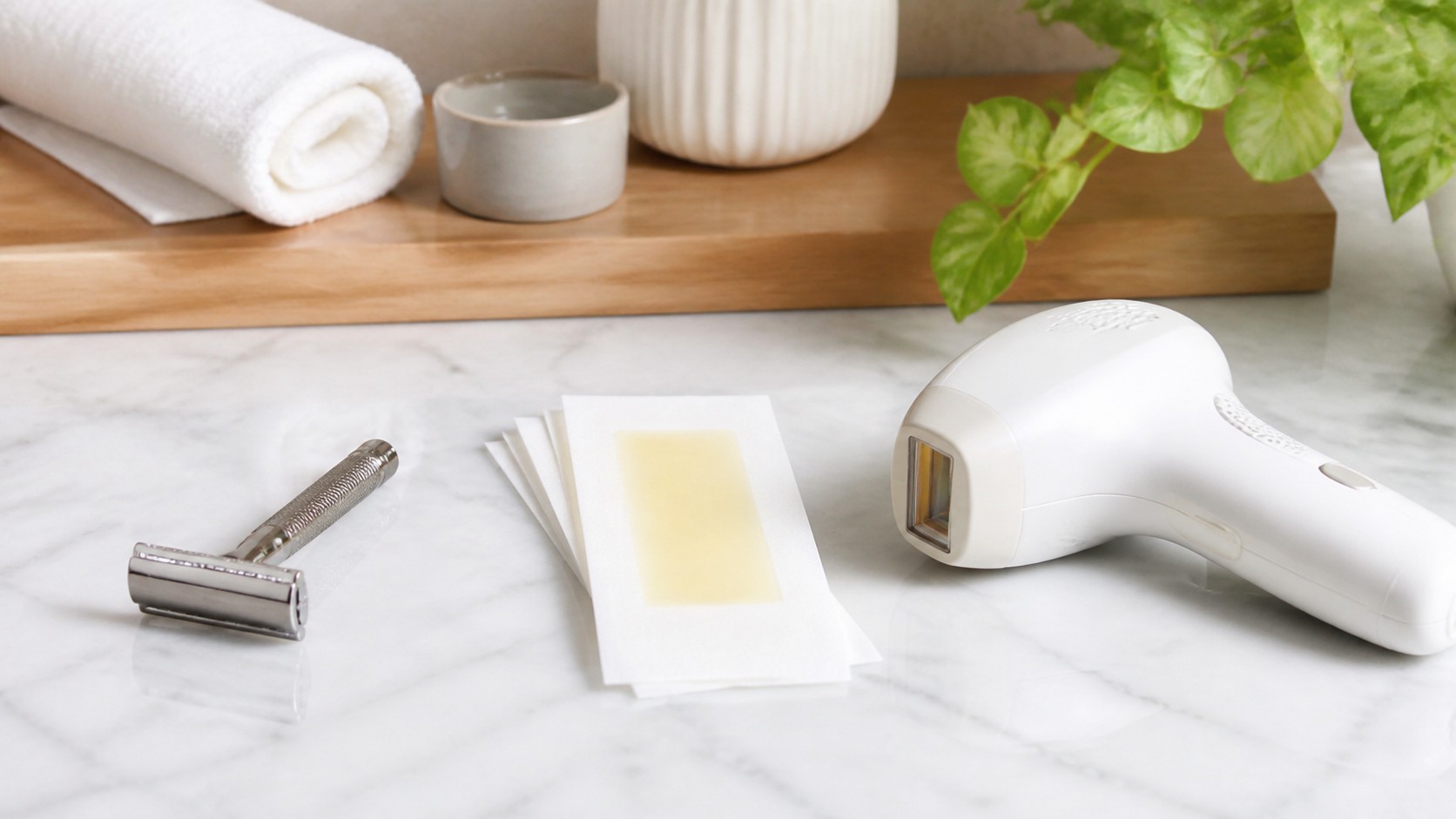 Unbranded razor, wax strips, and handheld hair removal device arranged on a clean spa counter