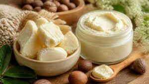 Raw shea butter chunks, whipped shea cream, shea nuts, wooden spoon, woven cloth, and botanical accents on a warm tabletop