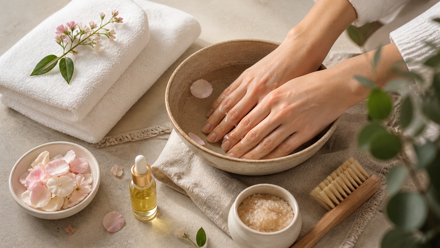Hands soaking in a ceramic bowl with towels, petals, scrub, brush, and cuticle oil for an at-home spa ritual