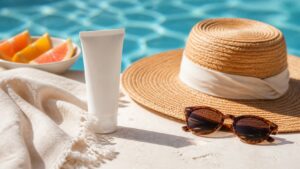Unbranded sunscreen tube, straw hat, sunglasses, citrus, and towel arranged by a bright pool