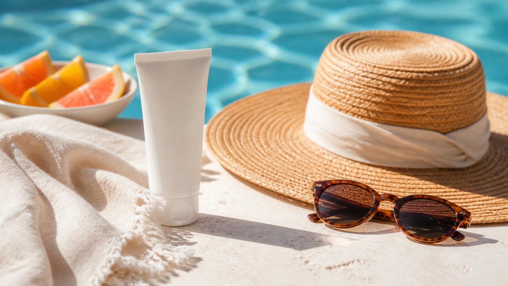 Unbranded sunscreen tube, straw hat, sunglasses, citrus, and towel arranged by a bright pool