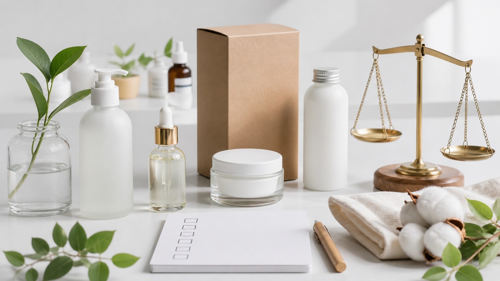 Unbranded skincare bottles, blank checklist paper, small balance scale, cotton, botanicals, and recyclable packaging on a clean white desk