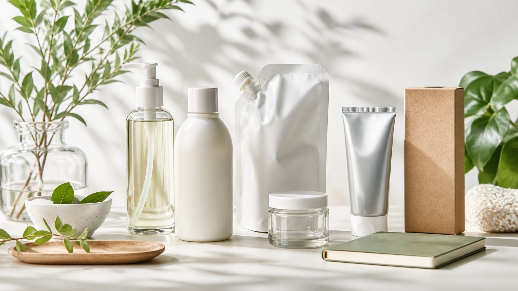 Unbranded eco-conscious beauty products with refill packaging, glass, aluminum, paperboard, and greenery on a bright studio table