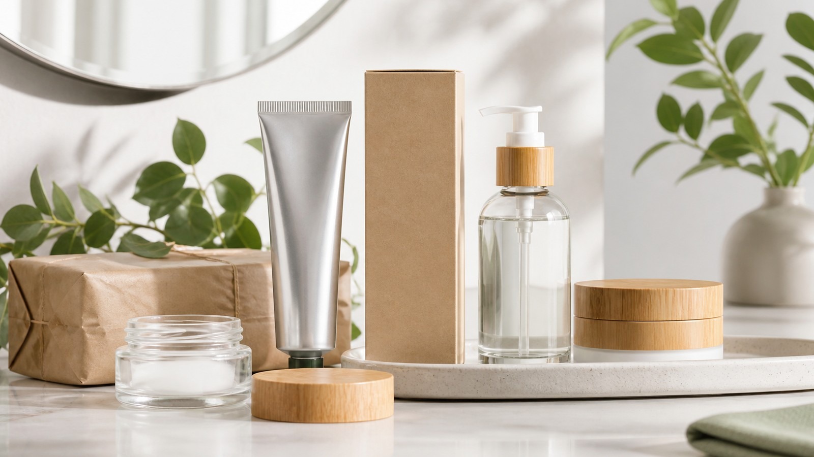 Unbranded clean beauty packaging with glass jars, aluminum tube, bamboo lids, paperboard carton, kraft wrap, and green leaves