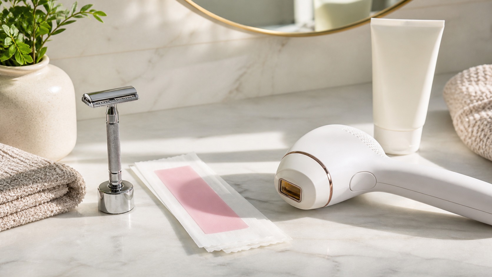 Unbranded razor, wax strip, IPL-style device, towel, and moisturizer on a bright bathroom vanity