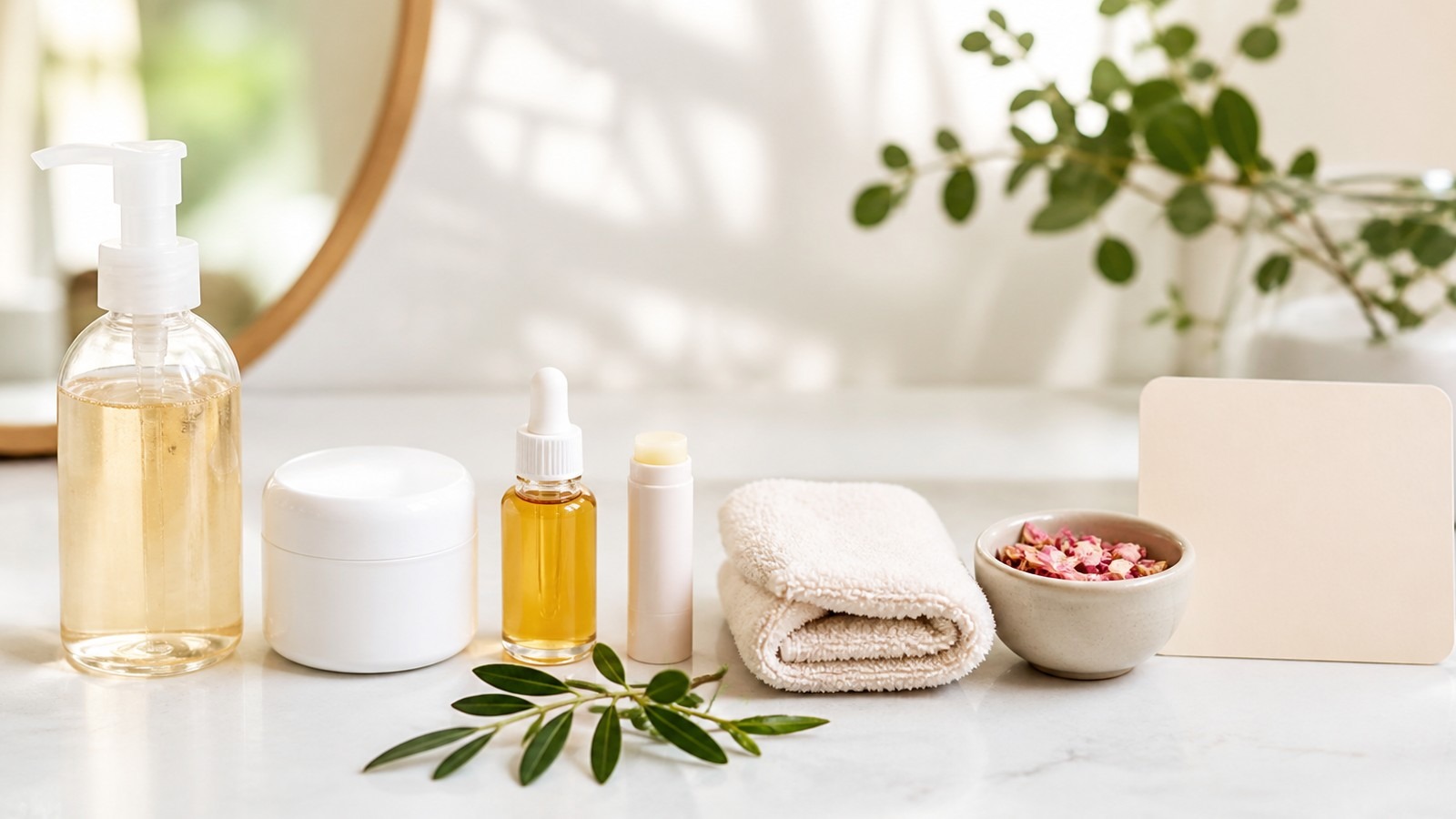 Beginner organic beauty starter routine with unbranded cleanser, moisturizer, oil, lip balm, cotton towel, and botanicals on a bright counter