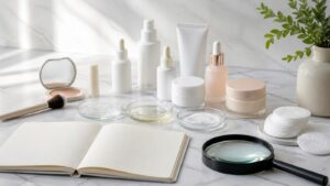 Unbranded skincare and makeup products, blank notebook, cotton rounds, sample dishes, and magnifying glass on a bright marble vanity