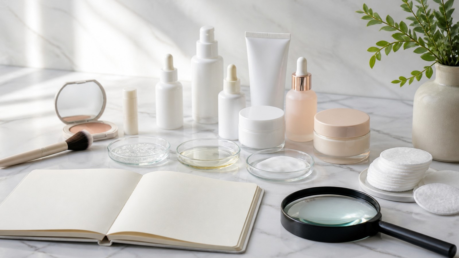 Unbranded skincare and makeup products, blank notebook, cotton rounds, sample dishes, and magnifying glass on a bright marble vanity