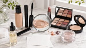 Unbranded makeup products, mascara, foundation, pigment powders, blank cards, and magnifying glass on a bright marble vanity