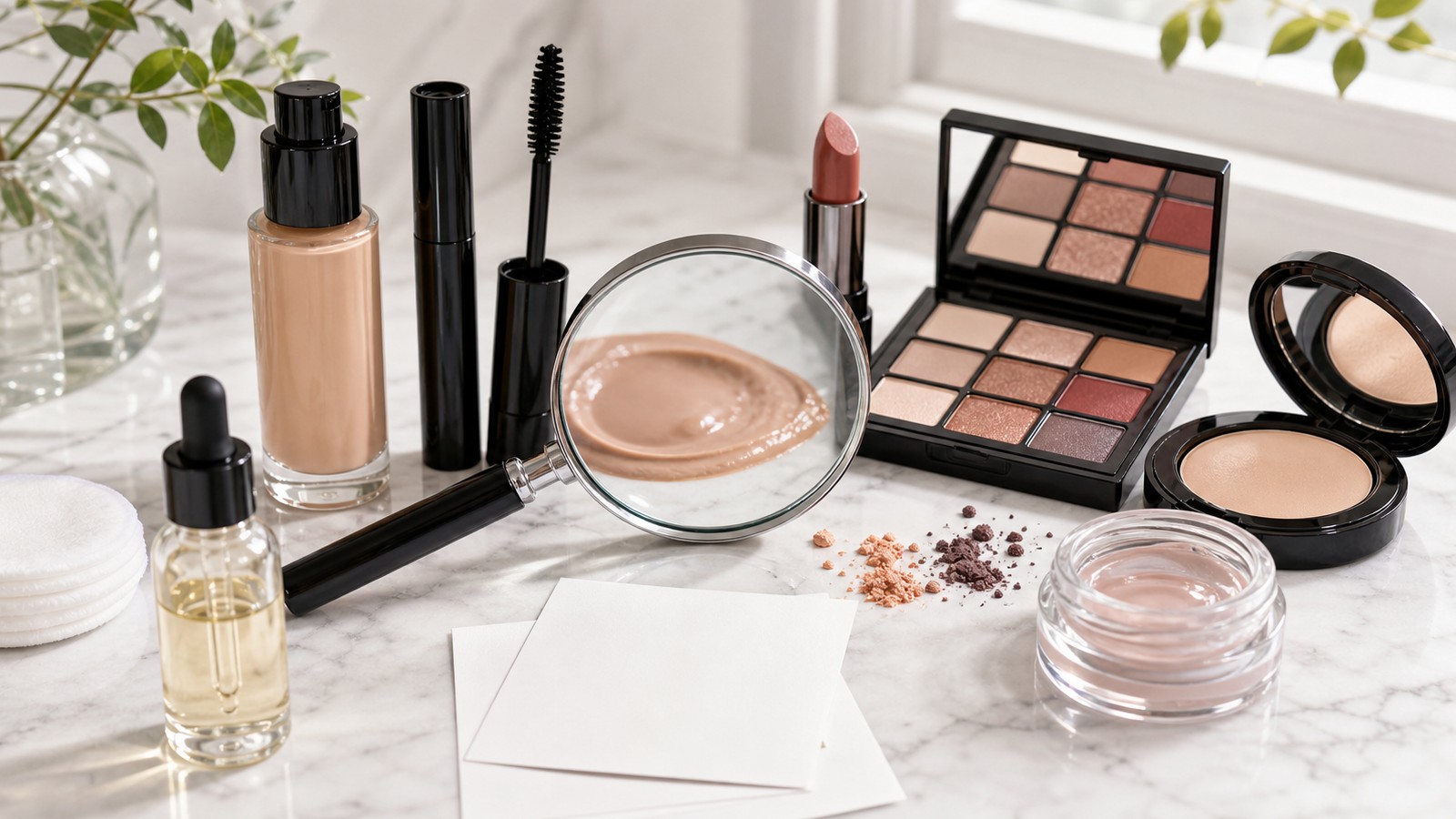 Unbranded makeup products, mascara, foundation, pigment powders, blank cards, and magnifying glass on a bright marble vanity