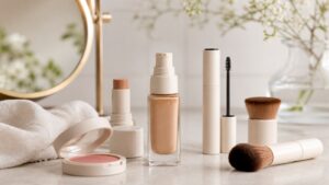 Unbranded clean makeup products, foundation, blush, mascara, brushes, linen, and mirror on a bright vanity