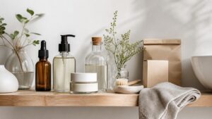 Unbranded clean skincare bottles, cream jar, botanical sprigs, linen cloth, and plain packaging on a minimalist shelf