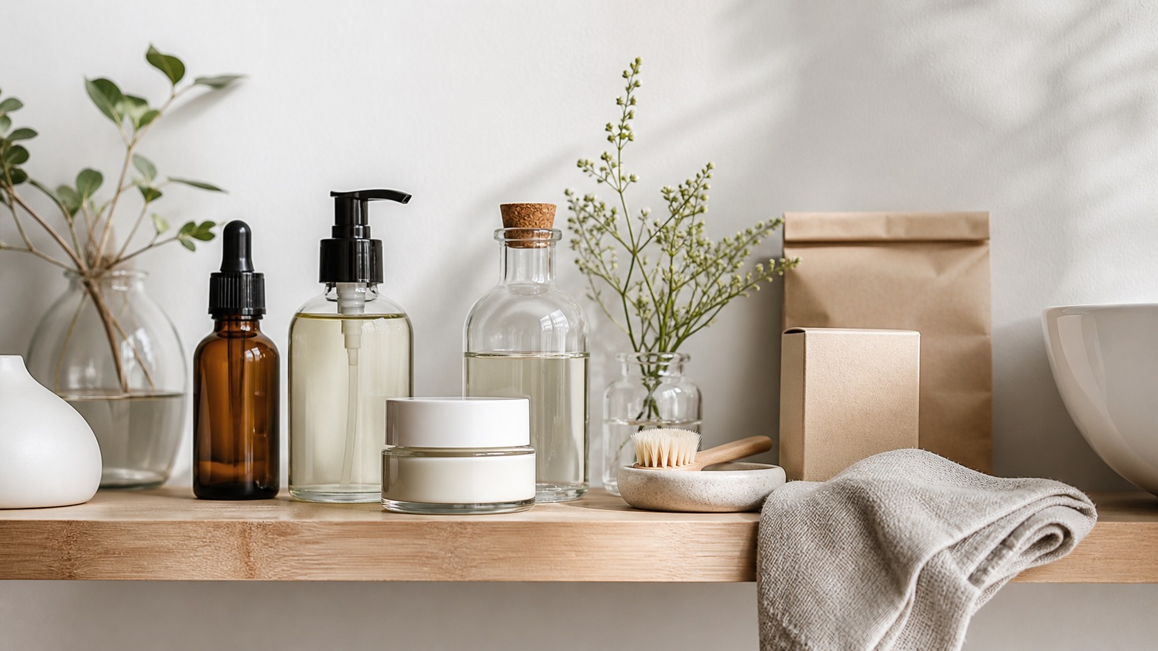 Unbranded clean skincare bottles, cream jar, botanical sprigs, linen cloth, and plain packaging on a minimalist shelf