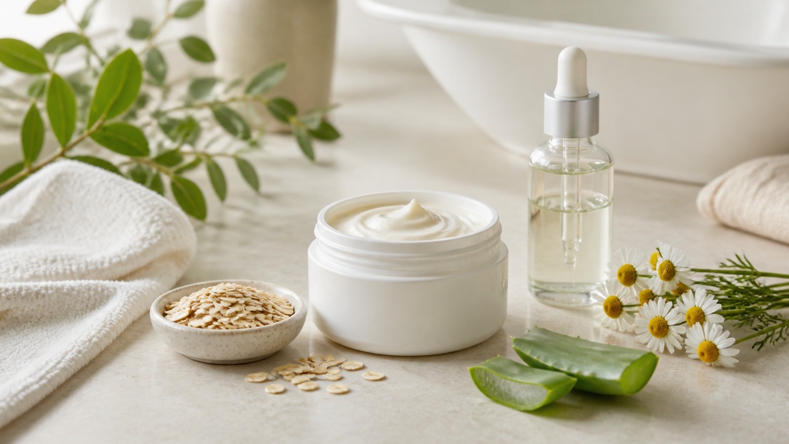 Gentle unbranded sensitive-skin skincare with aloe, oats, chamomile, soft towels, and cream jars on a calm bathroom counter