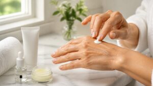 Adult hands applying cream beside unbranded hand cream, cuticle oil, balm, and towel on a bright bathroom vanity